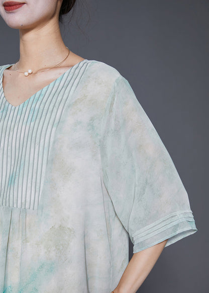 Light Green Tie Dye Wrinkled Chiffon a Line Dresses Summer