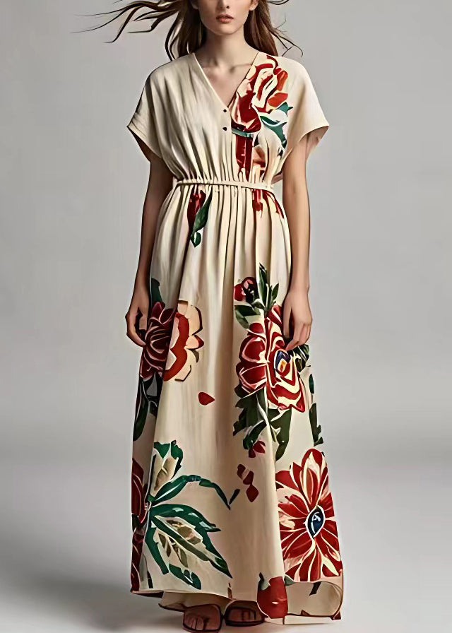 Light Khaki V Neck Print Cotton Long Dresses Summer