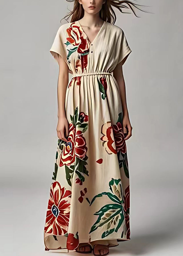 Light Khaki V Neck Print Cotton Long Dresses Summer
