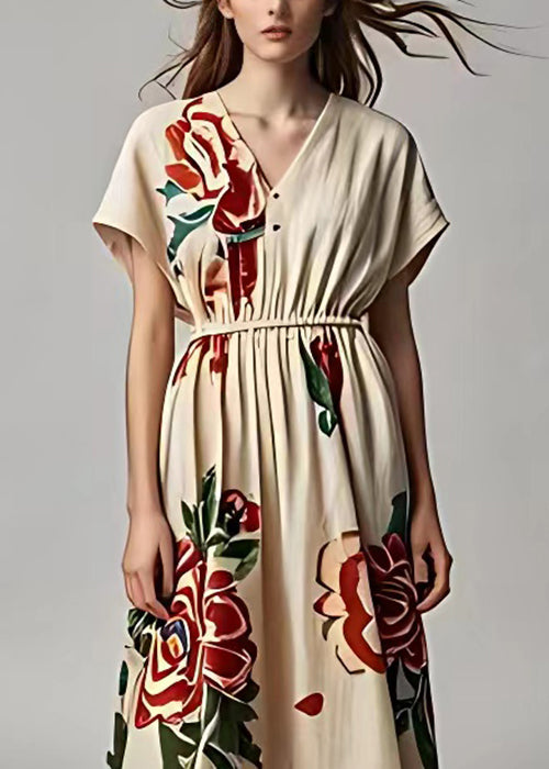 Light Khaki V Neck Print Cotton Long Dresses Summer