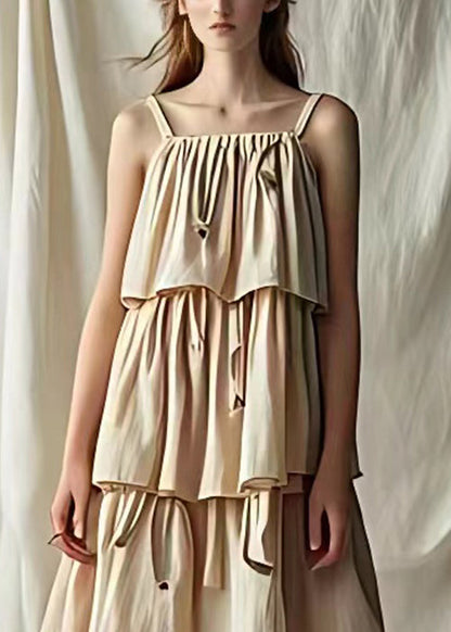 Light Khaki Wrinkled Cotton Spaghetti Strap Dress Sleeveless