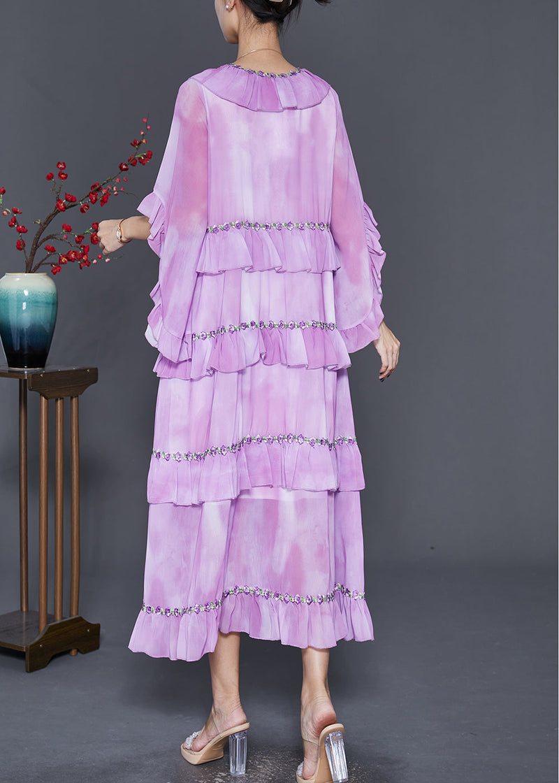 Light Purple Ruffled Tie Dye Chiffon Maxi Dresses Summer