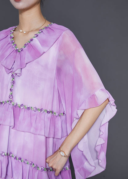 Light Purple Ruffled Tie Dye Chiffon Maxi Dresses Summer