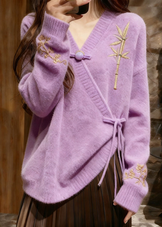 Light Purple V Neck Tie Waist Cotton Knit Sweaters Tops Fall