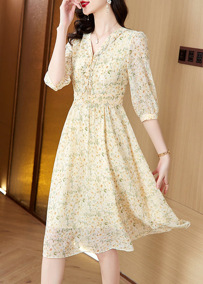 Light Yellow V Neck Print Chiffon Dresses Summer