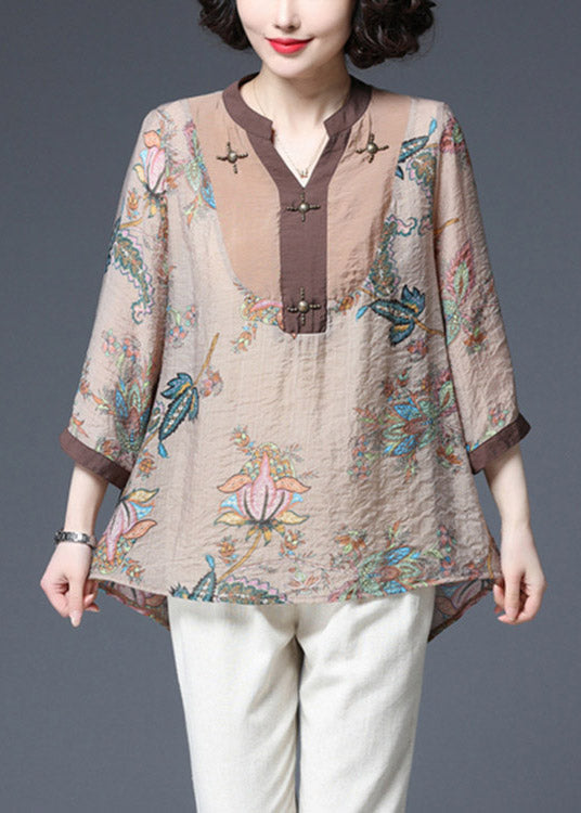 Light Chocolate V Neck Sequined Patchwork Print Chiffon Tops Half Sleeve