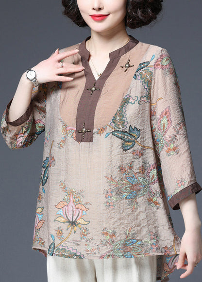 Light Chocolate V Neck Sequined Patchwork Print Chiffon Tops Half Sleeve