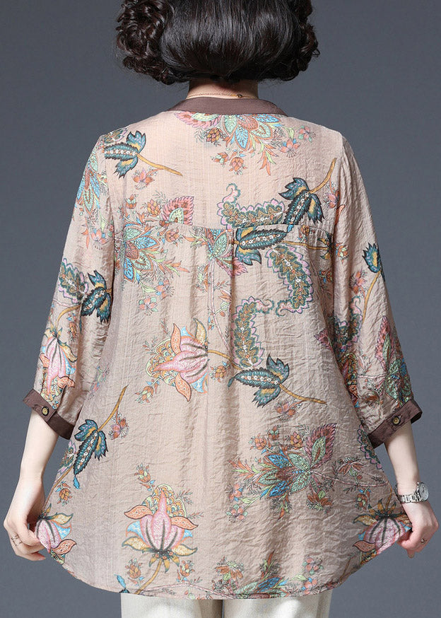 Light Chocolate V Neck Sequined Patchwork Print Chiffon Tops Half Sleeve