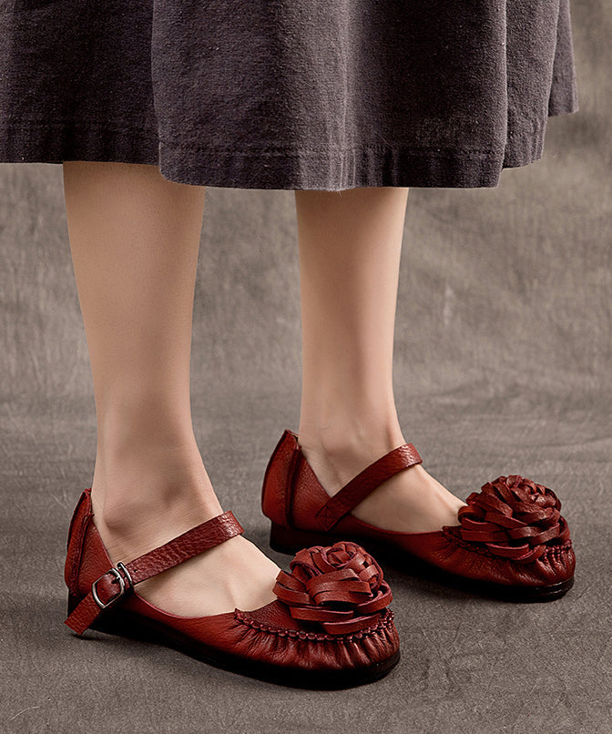 Mulberry Cowhide Leather Splicing Flower Buckle Strap Flats Shoes