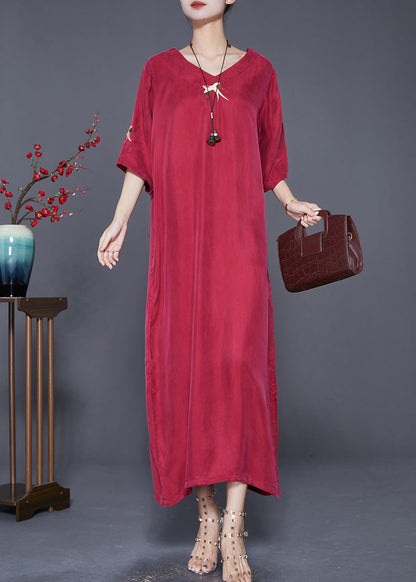Mulberry Embroidered Side Open Silk Maxi Dresses Summer