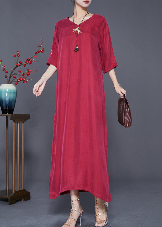 Mulberry Embroidered Side Open Silk Maxi Dresses Summer
