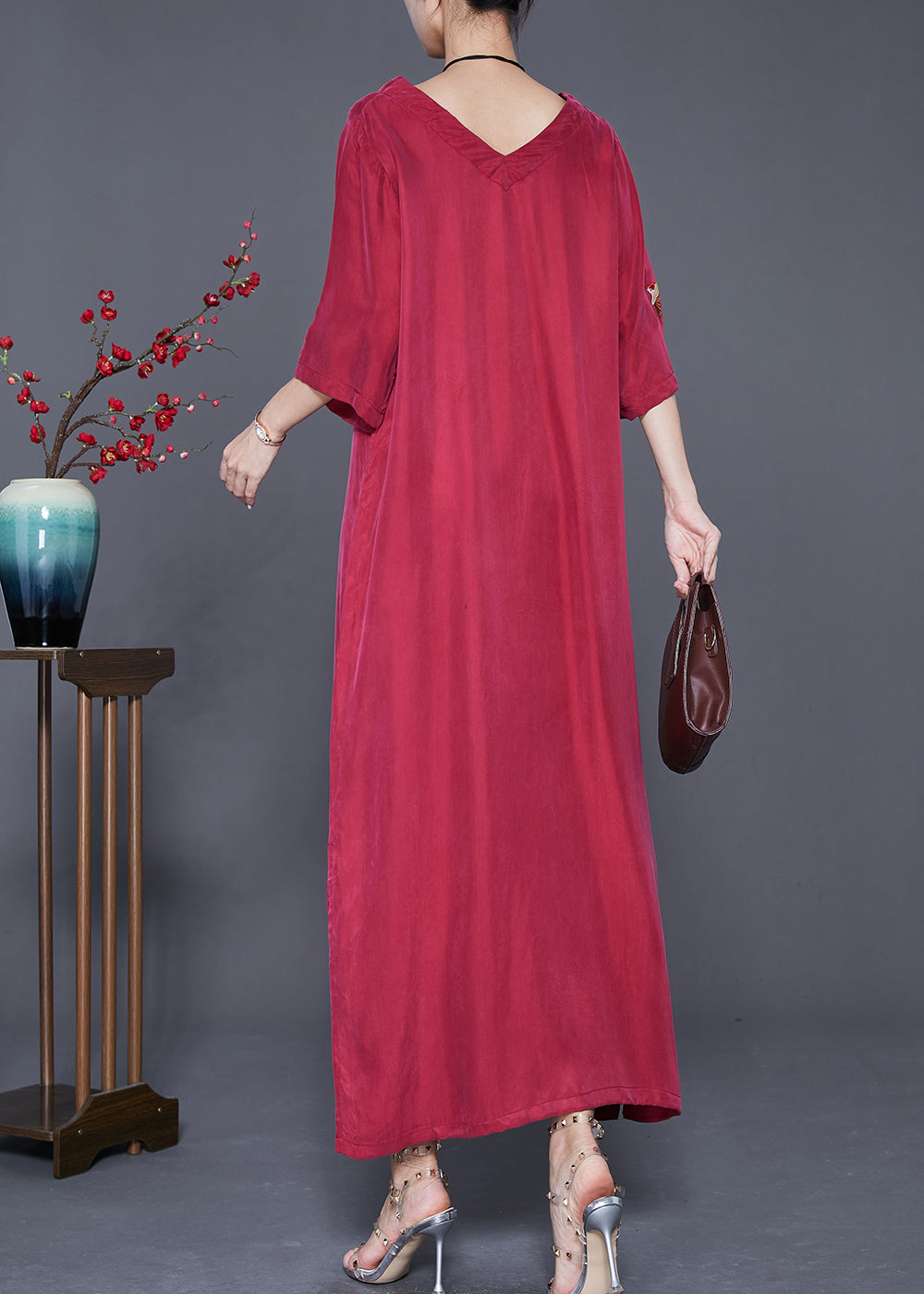 Mulberry Embroidered Side Open Silk Maxi Dresses Summer