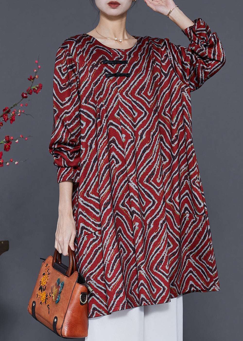 Mulberry Print Chinese Button Cotton Mid Dress Spring
