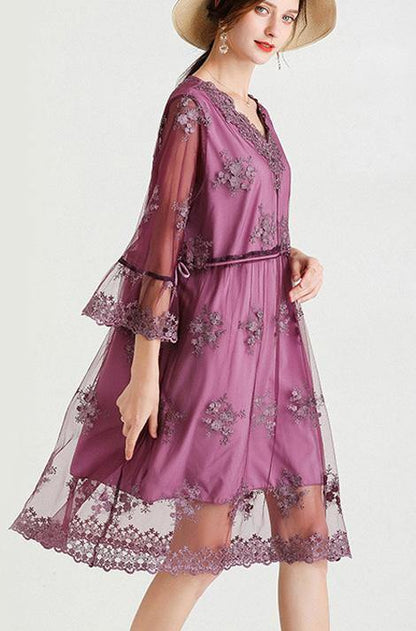 Mulberry V Neck Petal Sleeve Mini Summer Lace Dress
