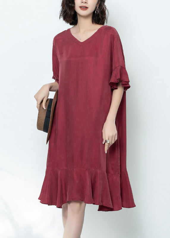 Mulberry V Neck Ruffled Patchwork Long Dress Summer