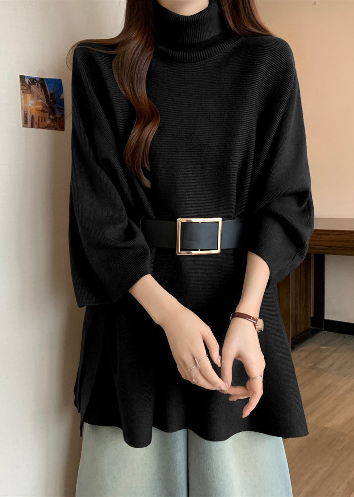 Mustard Yellow Turtleneck Asymmetrical Cozy Cotton Knit Sweaters Spring