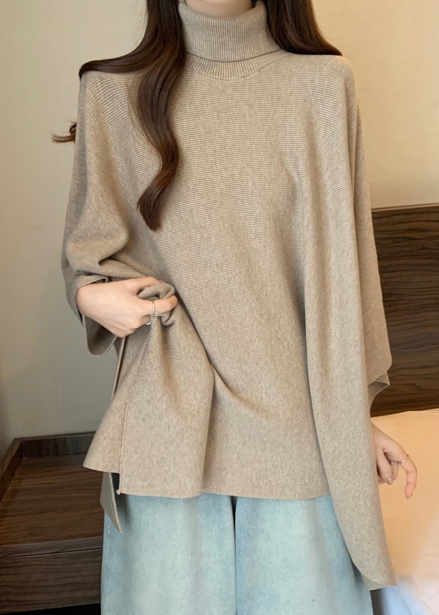 Mustard Yellow Turtleneck Asymmetrical Cozy Cotton Knit Sweaters Spring