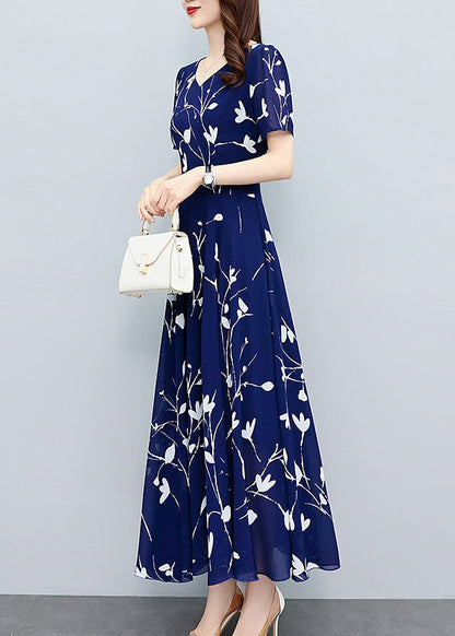 Navy Blue V Neck Print Slim Chiffon Maxi Dresses Summer