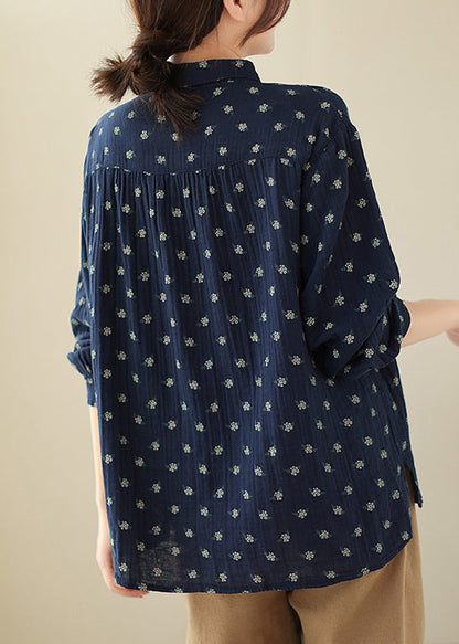 Navy Button Print Cotton Shirts Long Sleeve