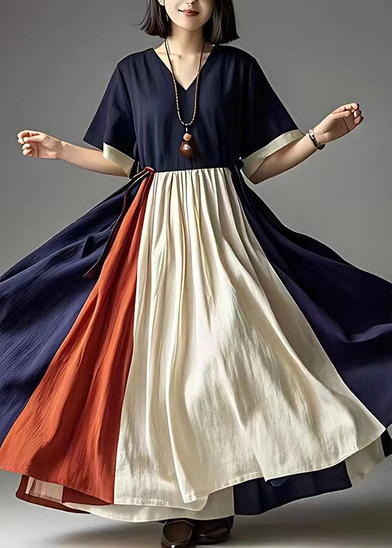 Navy Cinched Patchwork Cotton Holiday Dress Summer