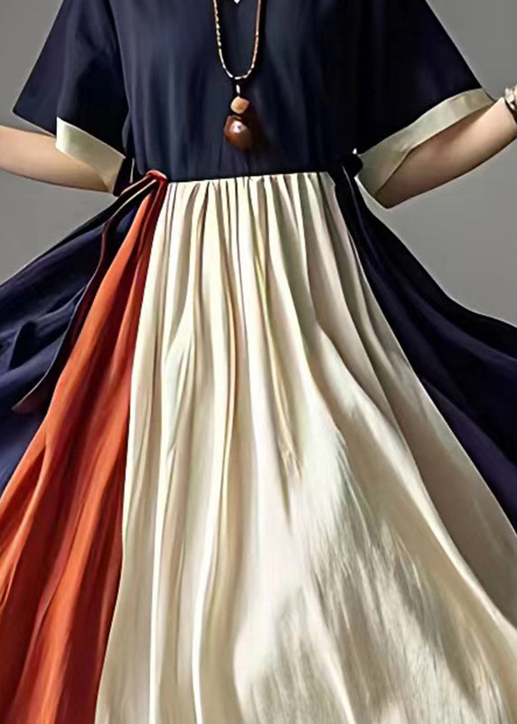 Navy Cinched Patchwork Cotton Holiday Dress Summer