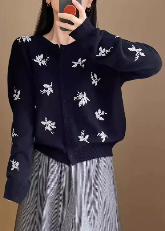 Navy Embroidered Button Knit Coat Fall
