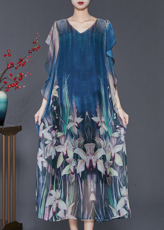 Navy Print Silk Holiday Dress Butterfly Sleeve