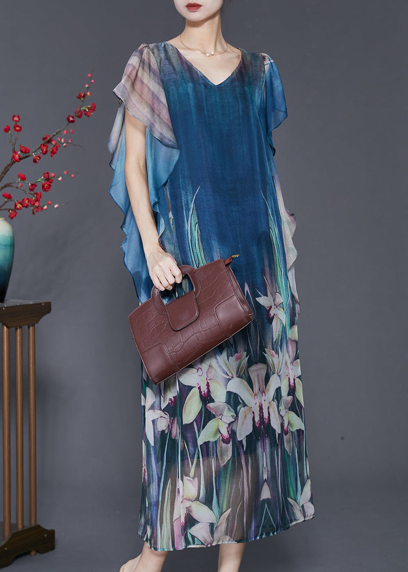 Navy Print Silk Holiday Dress Butterfly Sleeve