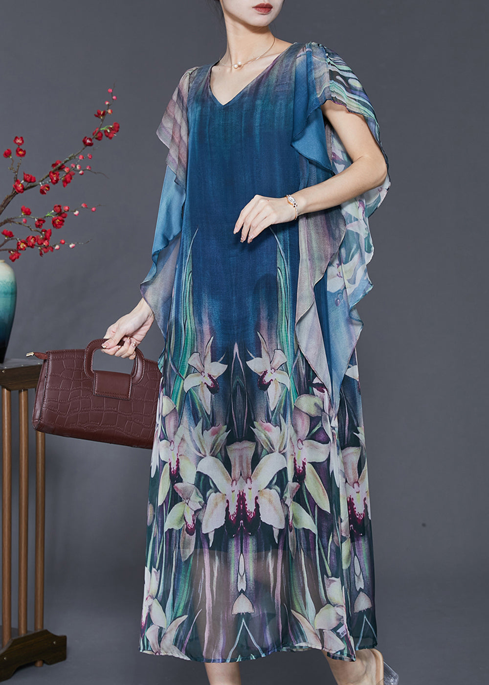 Navy Print Silk Holiday Dress Butterfly Sleeve