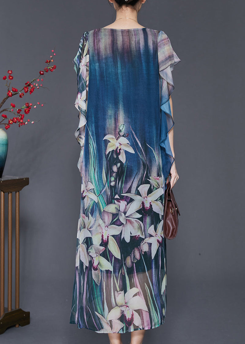 Navy Print Silk Holiday Dress Butterfly Sleeve