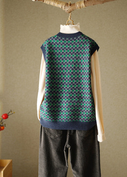 Navy O-neck Plaid Knitted Cotton Thread Waistcoat Fall