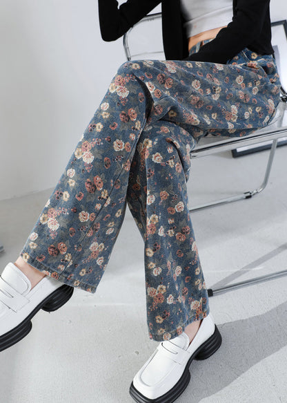 Navy Oversized Print Warm Fleece Denim Straight Pants Winter