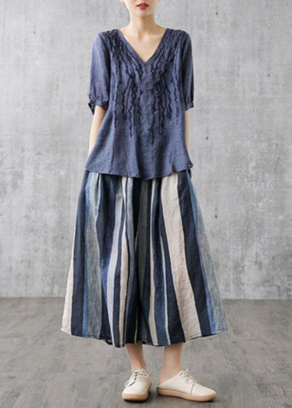 Black Texture Retro Striped a Line Summer Skirts Linen