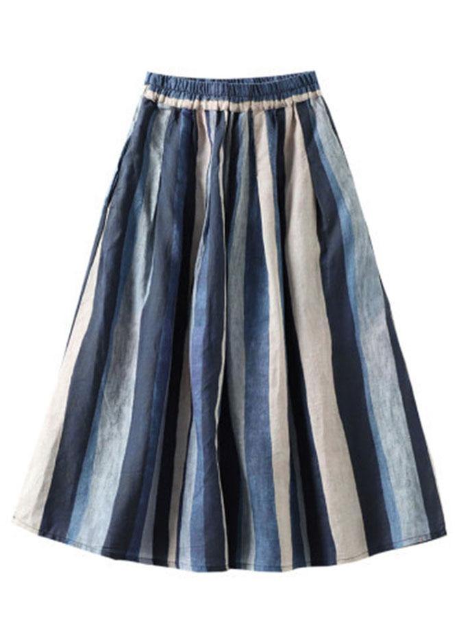 White Flowers Retro Striped a Line Summer Skirts Linen