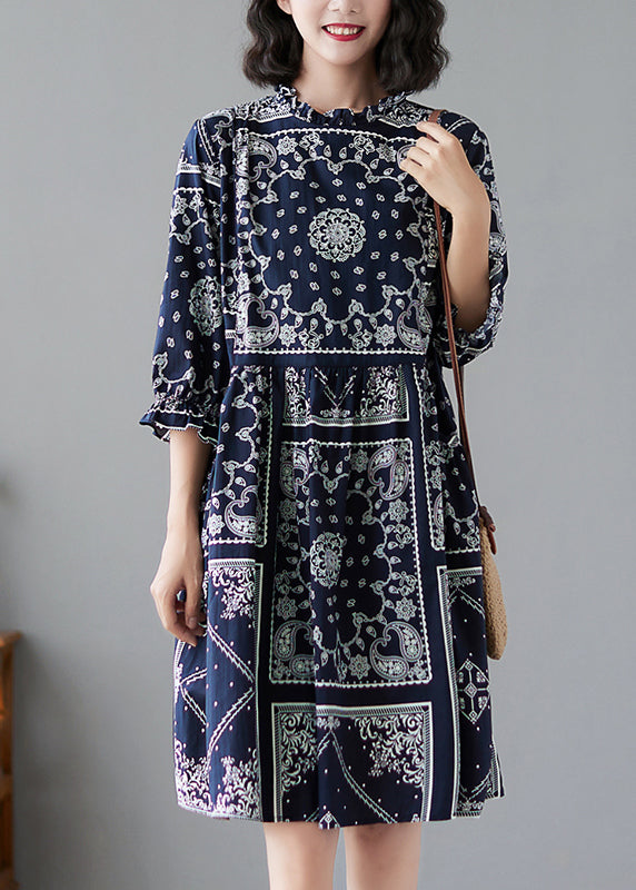 Navy Ruffled Print Linen Dresses Half Sleeve