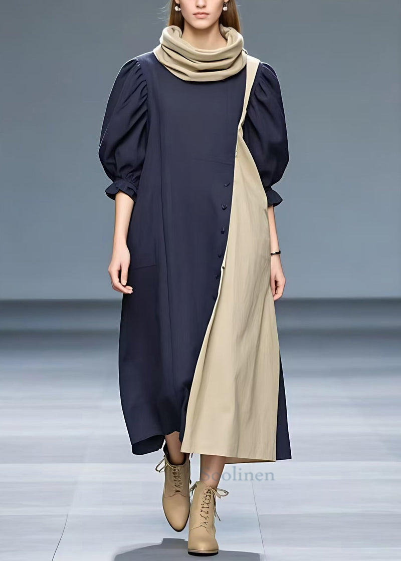 Navy Turtleneck Patchwork Cotton Long Dresses Half Sleeve