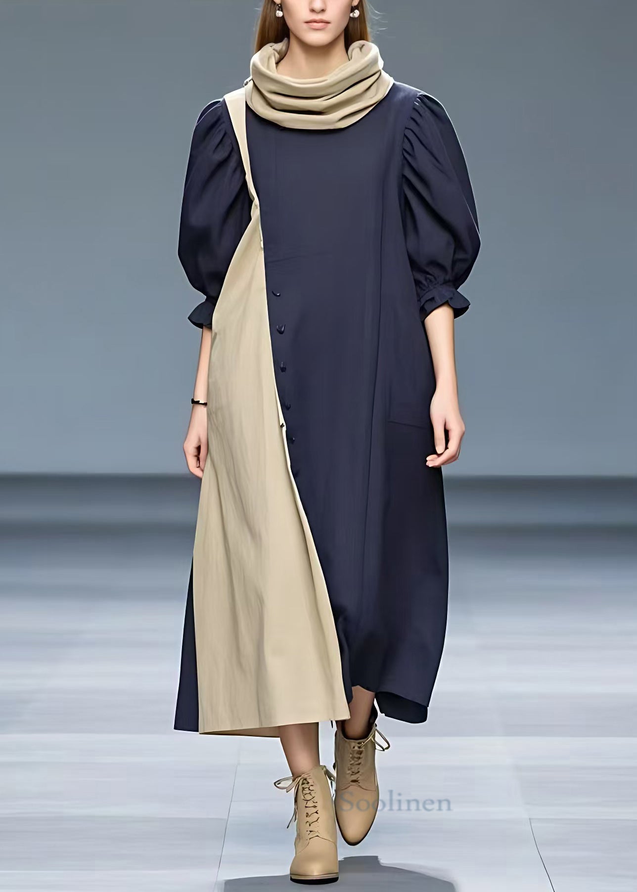 Navy Turtleneck Patchwork Cotton Long Dresses Half Sleeve