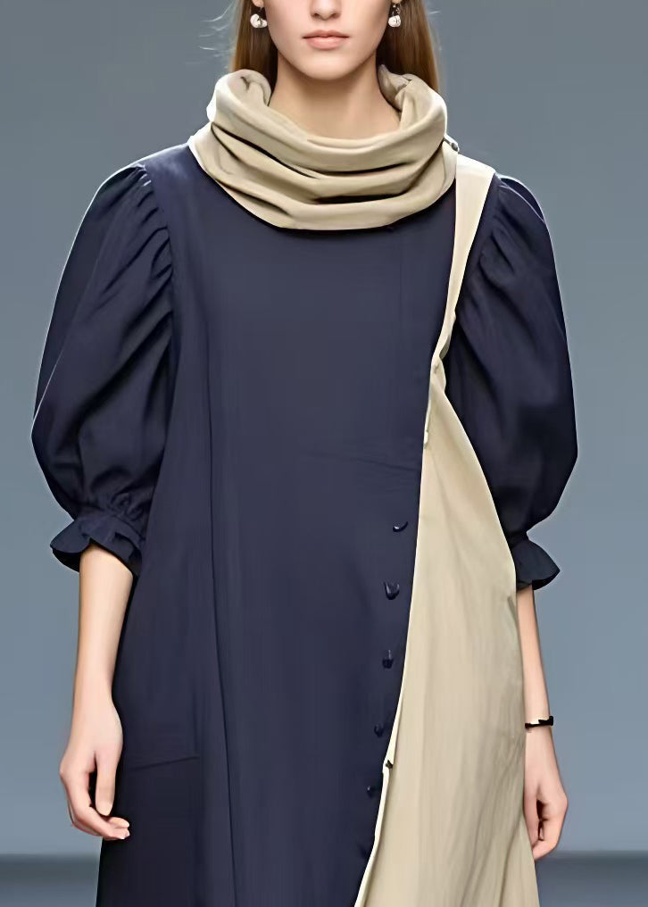 Navy Turtleneck Patchwork Cotton Long Dresses Half Sleeve