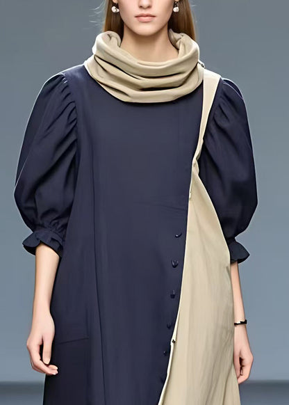Navy Turtleneck Patchwork Cotton Long Dresses Half Sleeve