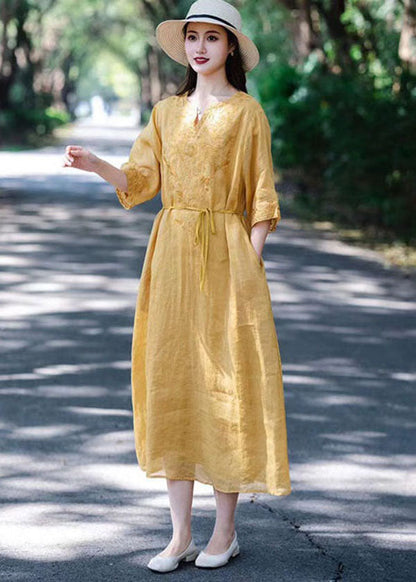 Navy V Neck Embroideried Patchwork Linen Dresses Summer