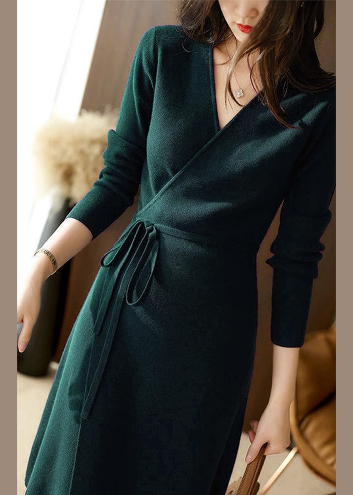 Navy V Neck Lace Up Patchwork Cotton Knit Mid Dress Fall