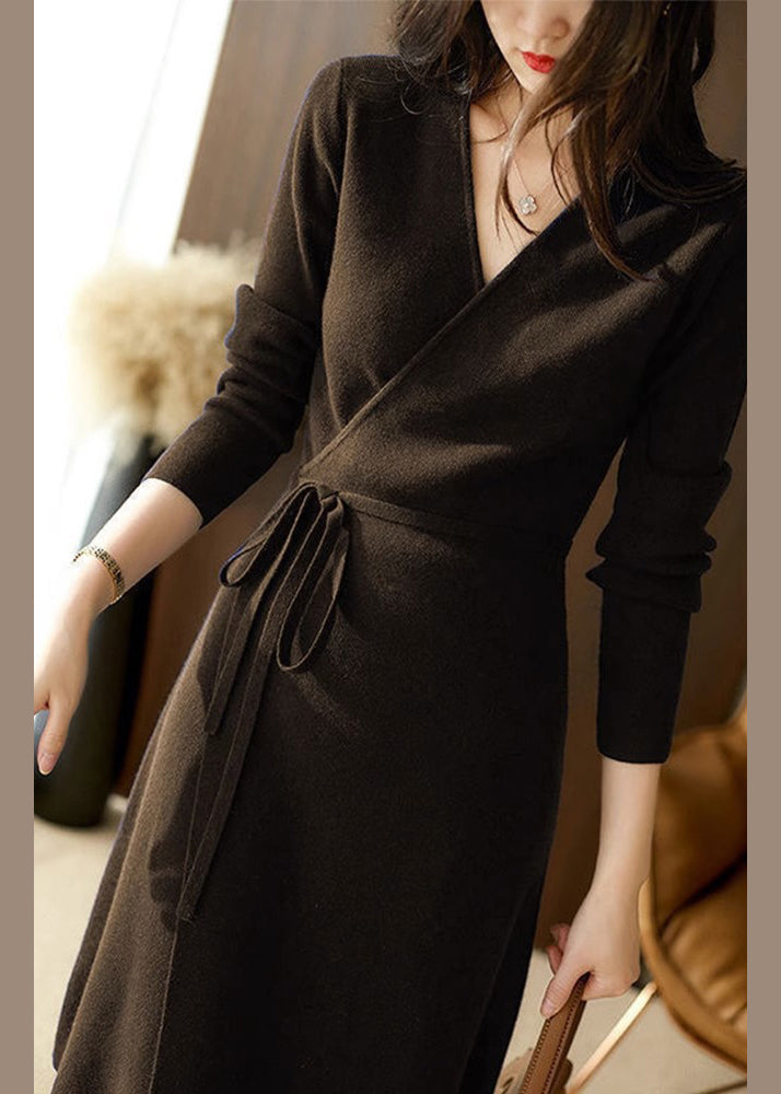 Navy V Neck Lace Up Patchwork Cotton Knit Mid Dress Fall