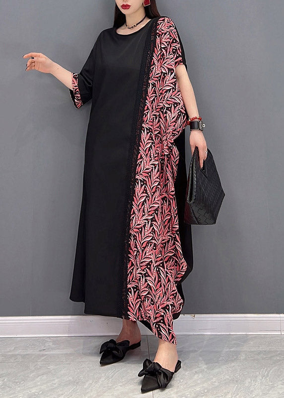 O-neck Asymmetrical Print Patchwork Pockets Dresses Short Sleeve