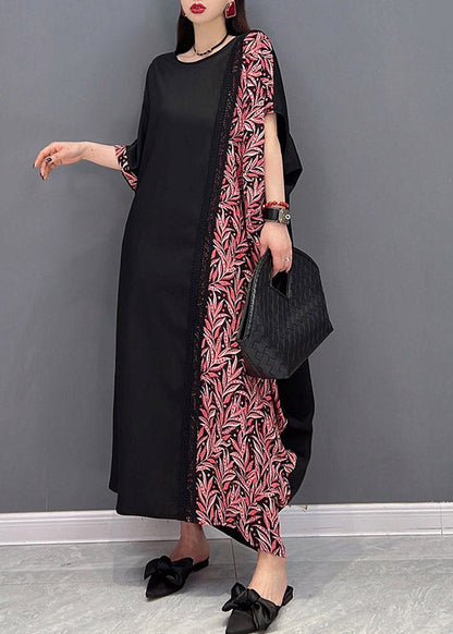 O-neck Asymmetrical Print Patchwork Pockets Dresses Short Sleeve