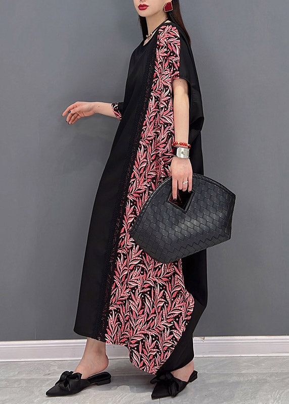 O-neck Asymmetrical Print Patchwork Pockets Dresses Short Sleeve