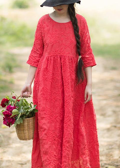 O Neck Half Sleeve Summer Outfit Neckline Red Embroidery Robes Dresses
