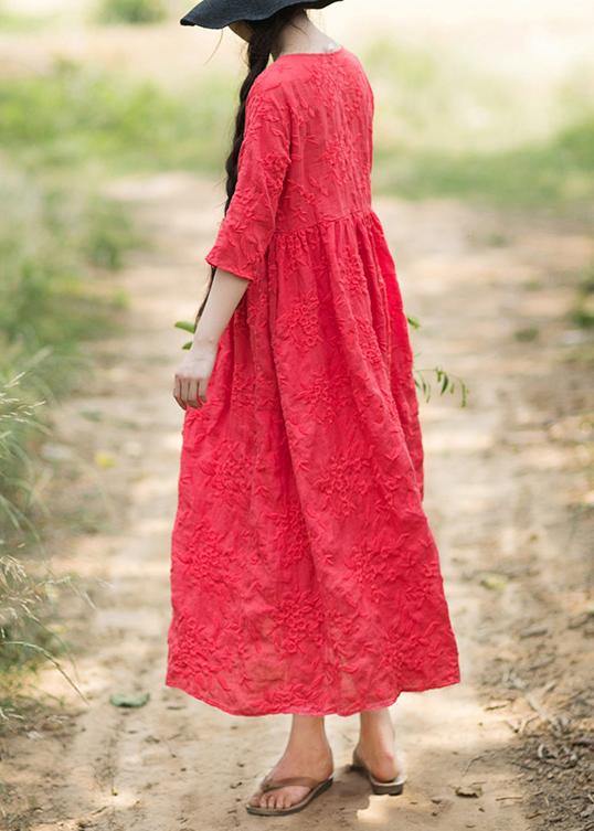 O Neck Half Sleeve Summer Outfit Neckline Red Embroidery Robes Dresses