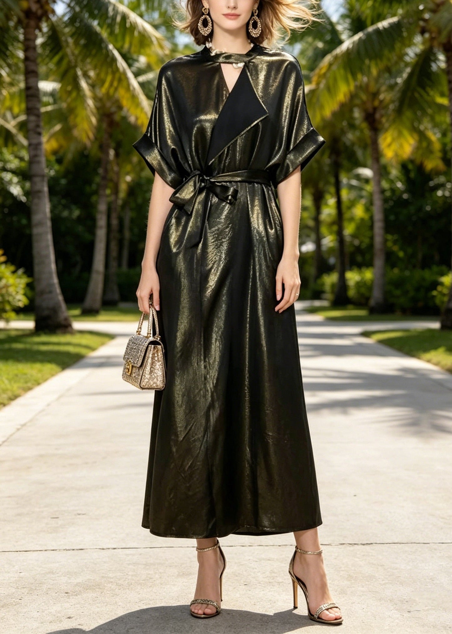 O Neck Lace Up Pockets Silk Long Dresses Summer