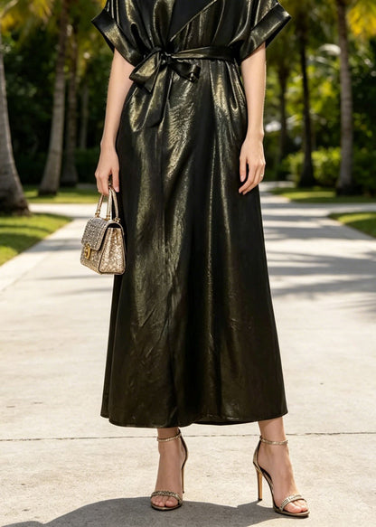 O Neck Lace Up Pockets Silk Long Dresses Summer
