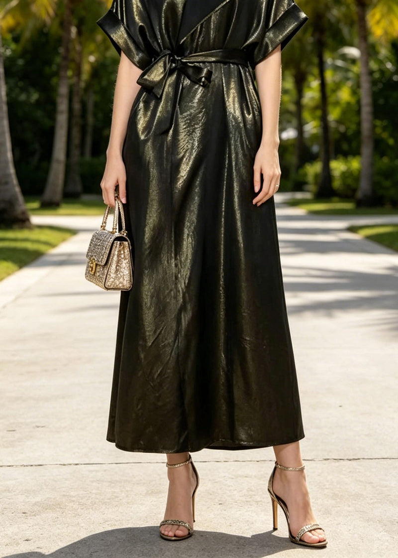 O Neck Lace Up Pockets Silk Long Dresses Summer